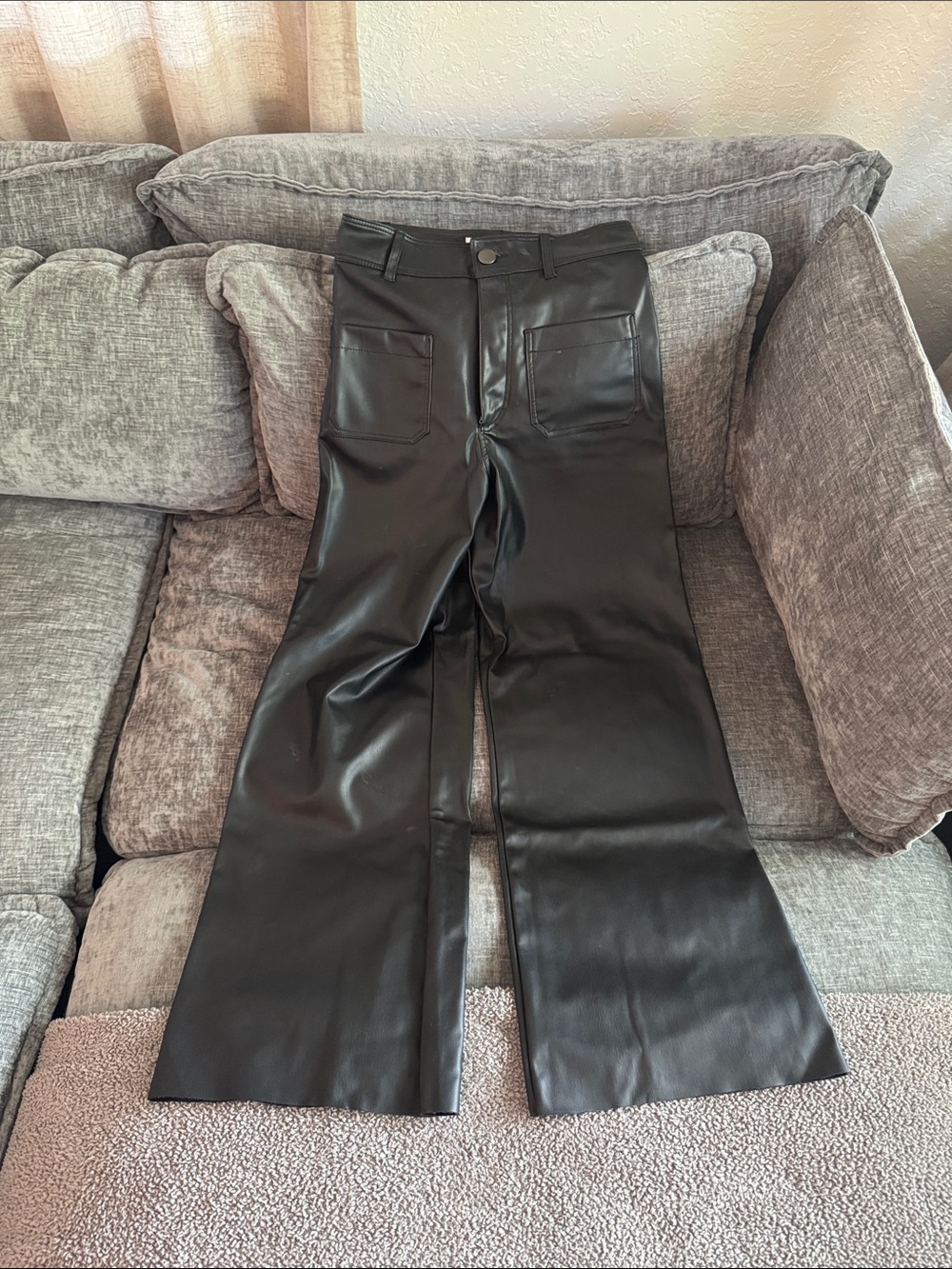 Zara Black Faux Leather Trousers with Buttoned Waist Tab